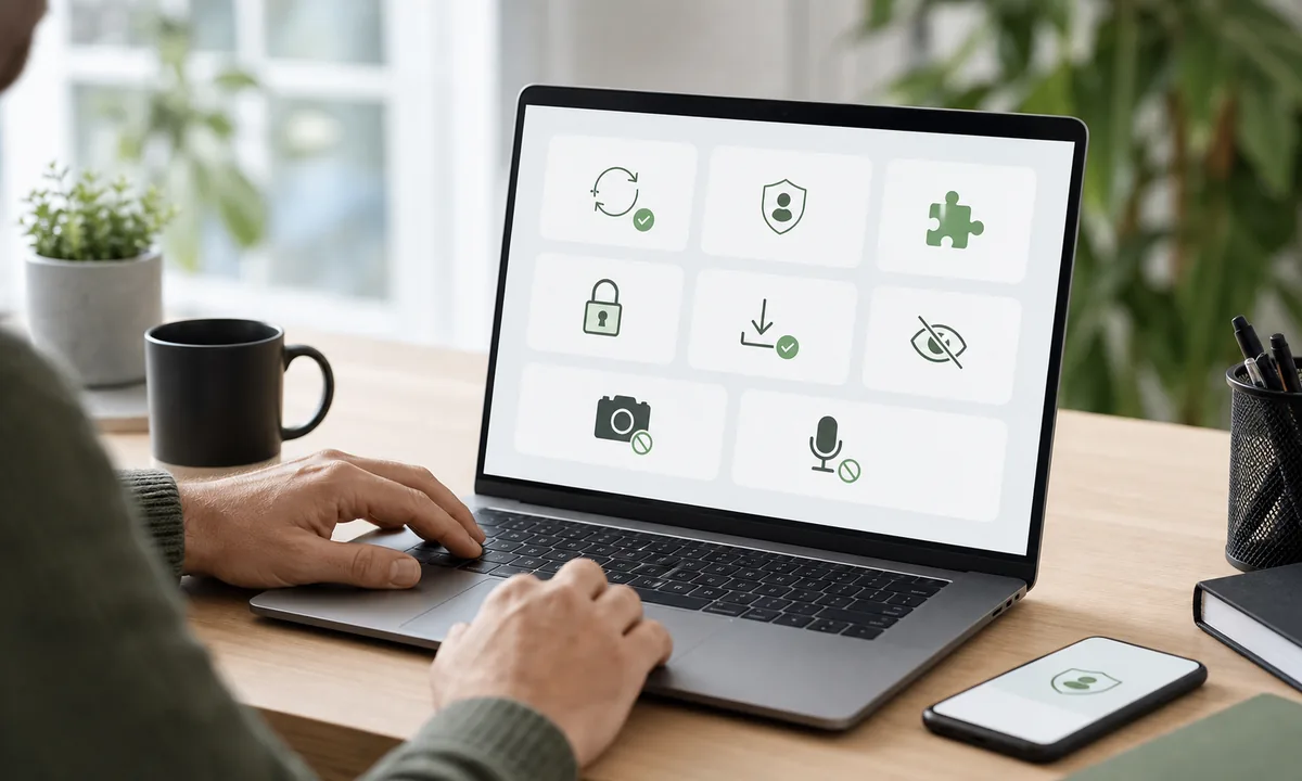 Person prüft Browserupdates, Websiteberechtigungen und sichere Downloadeinstellungen auf einem Laptop