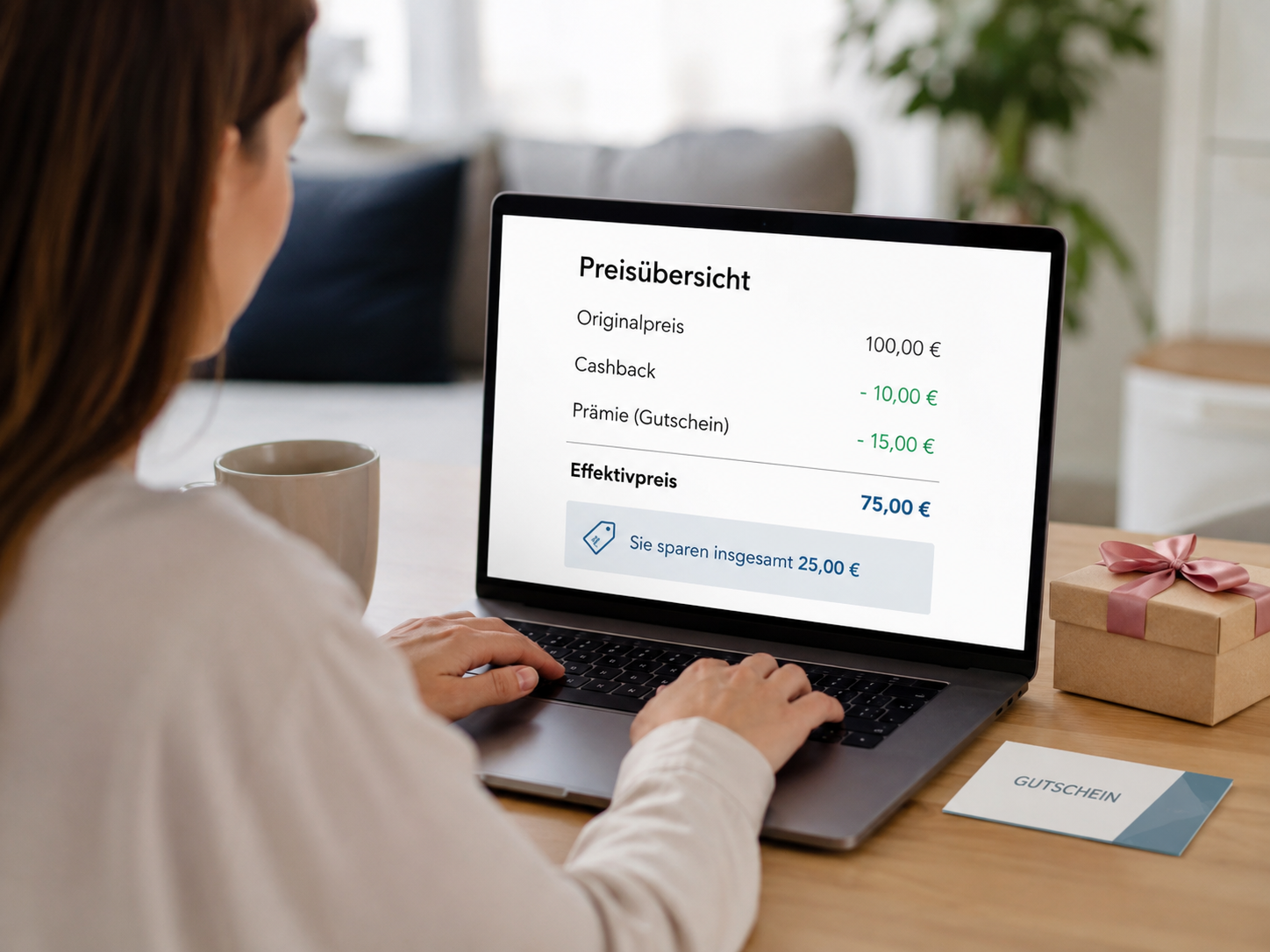 Person prüft Cashback, Prämien und Effektivpreis am Laptop
