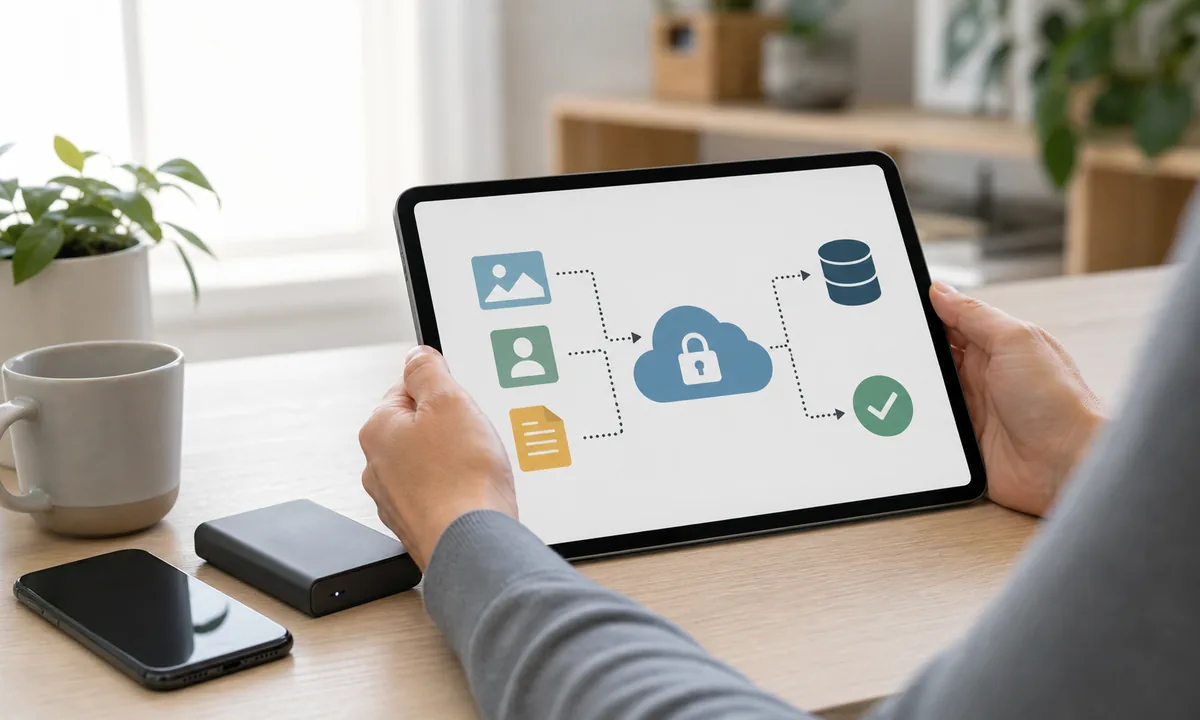 Person prüft ein Cloud-Backup von Fotos, Kontakten und Dokumenten mit einer zusätzlichen externen Sicherung