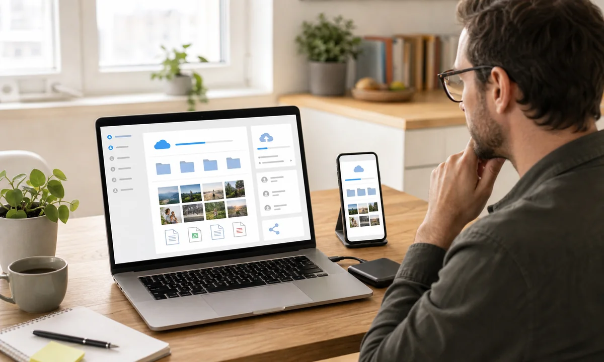 Person vergleicht verschiedene Cloud-Speicher für Fotos und Dokumente auf Laptop und Smartphone
