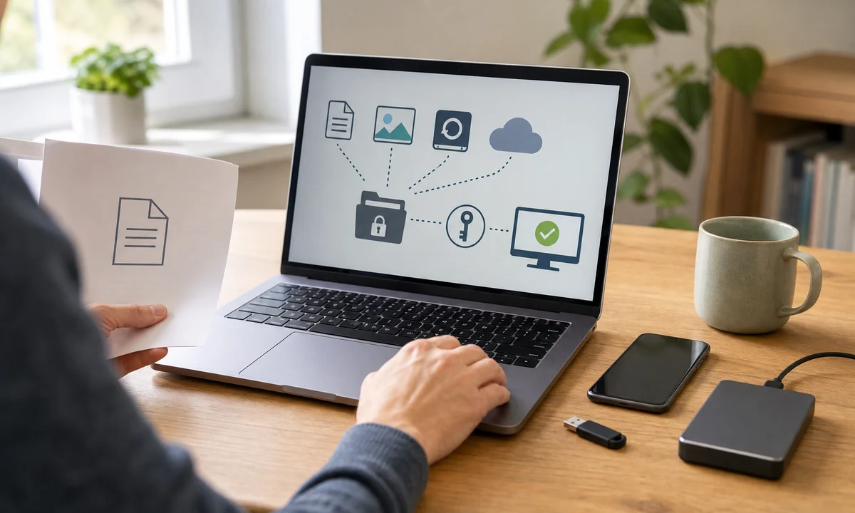 Person schützt Dokumente, Clouddateien und ein externes Backup mit Verschlüsselung