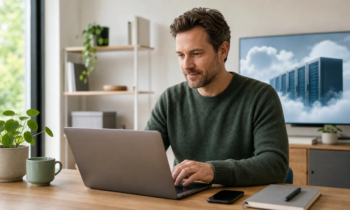 Person prüft Datenschutz-Einstellungen für E-Mail und Cloud auf Laptop und Smartphone