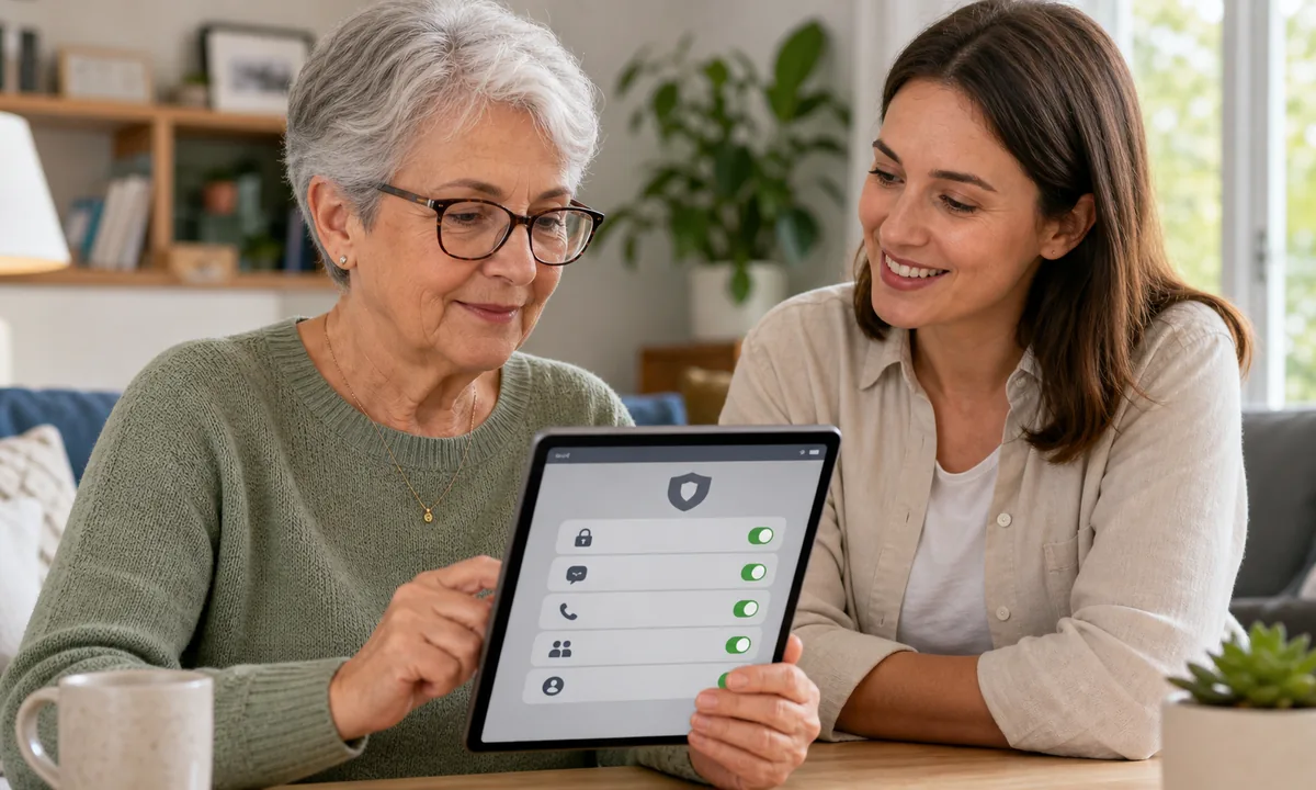 Ältere Person prüft gemeinsam mit einer vertrauten Person die Datenschutzeinstellungen auf einem Tablet