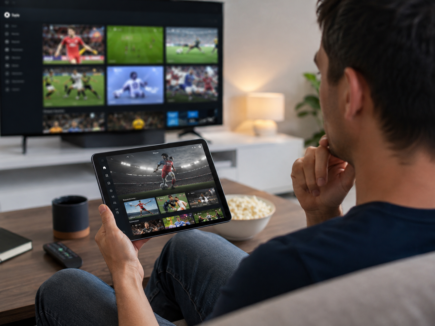 Person prüft Sportstreaming und DAZN auf Fernseher und Tablet