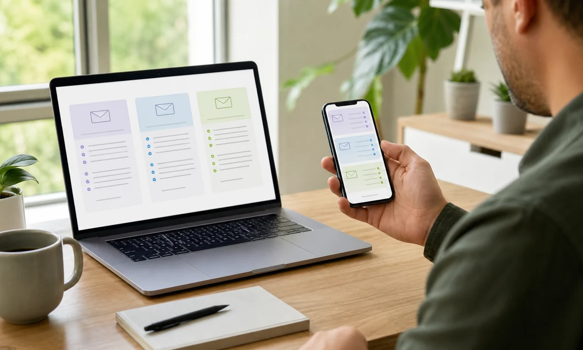 Person vergleicht verschiedene E-Mail-Anbieter auf Laptop und Smartphone