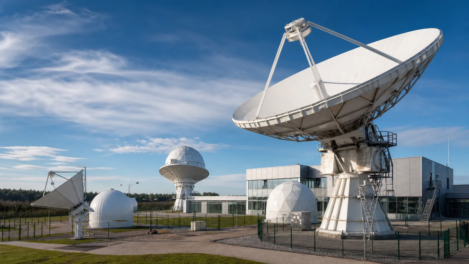 Moderne Satelliten-Bodenstation mit Parabolantennen unter freiem Himmel