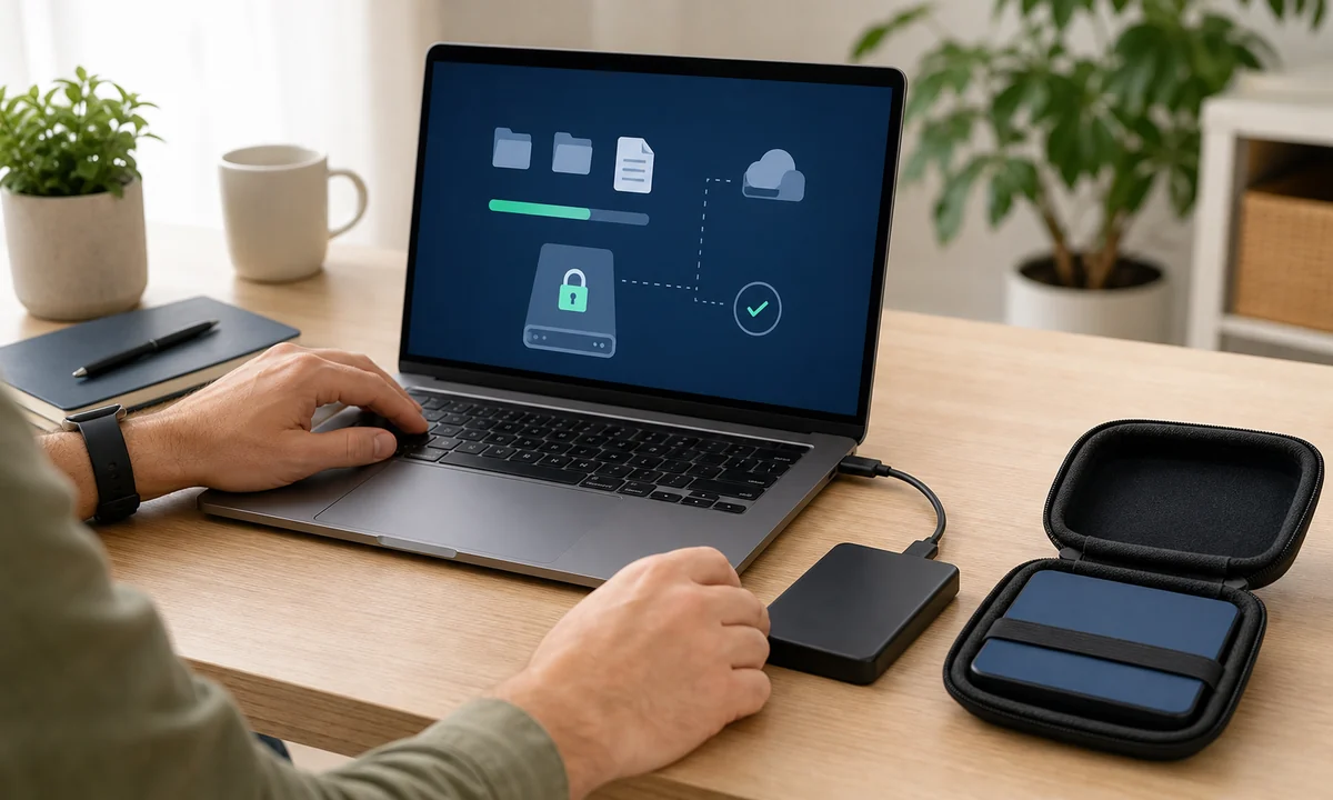 Person erstellt ein verschlüsseltes Backup auf einer externen Festplatte und bewahrt ein zweites Laufwerk getrennt auf