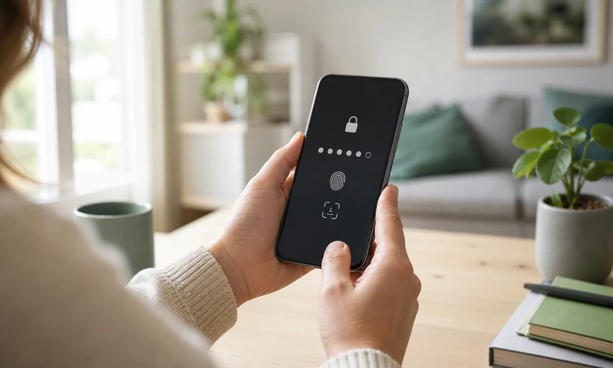 Person richtet einen sicheren Gerätecode und biometrische Entsperrung auf einem Smartphone ein