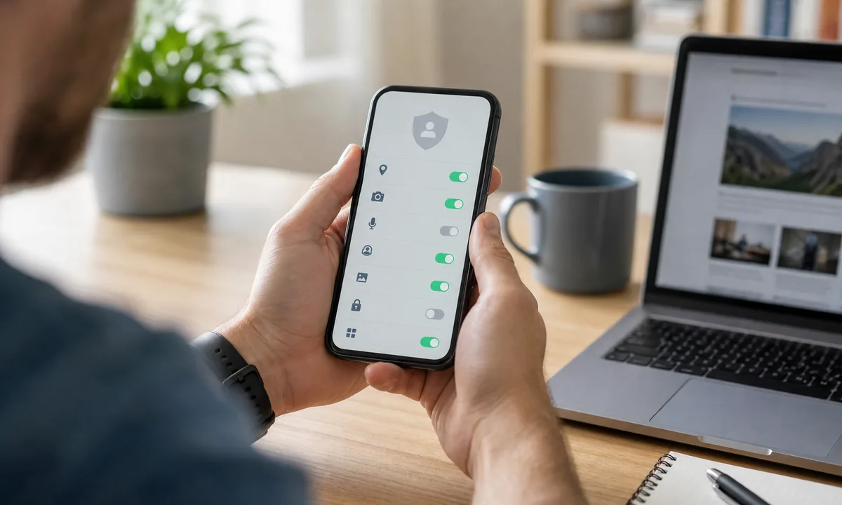 Person prüft Datenschutz- und App-Einstellungen auf einem Smartphone
