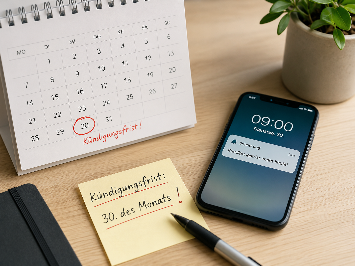Kalender, Vertrag und Smartphone erinnern an den Anbieterwechsel