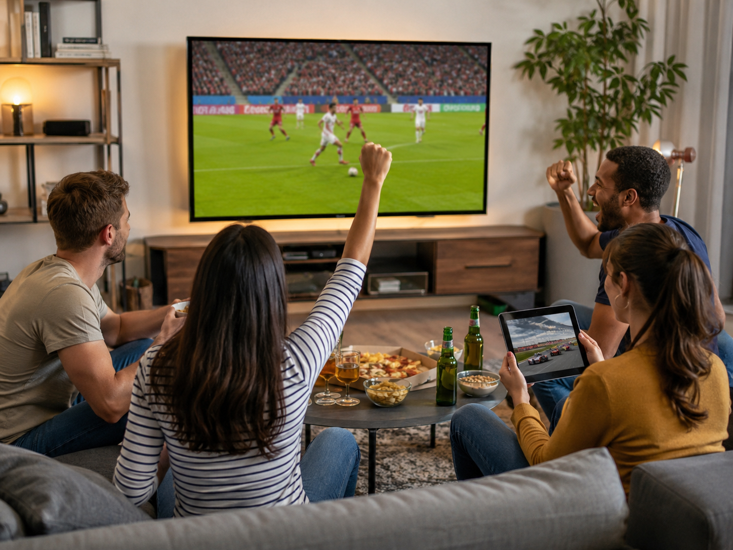 Familie nutzt mehrere Geräte und Streaming im heimischen WLAN
