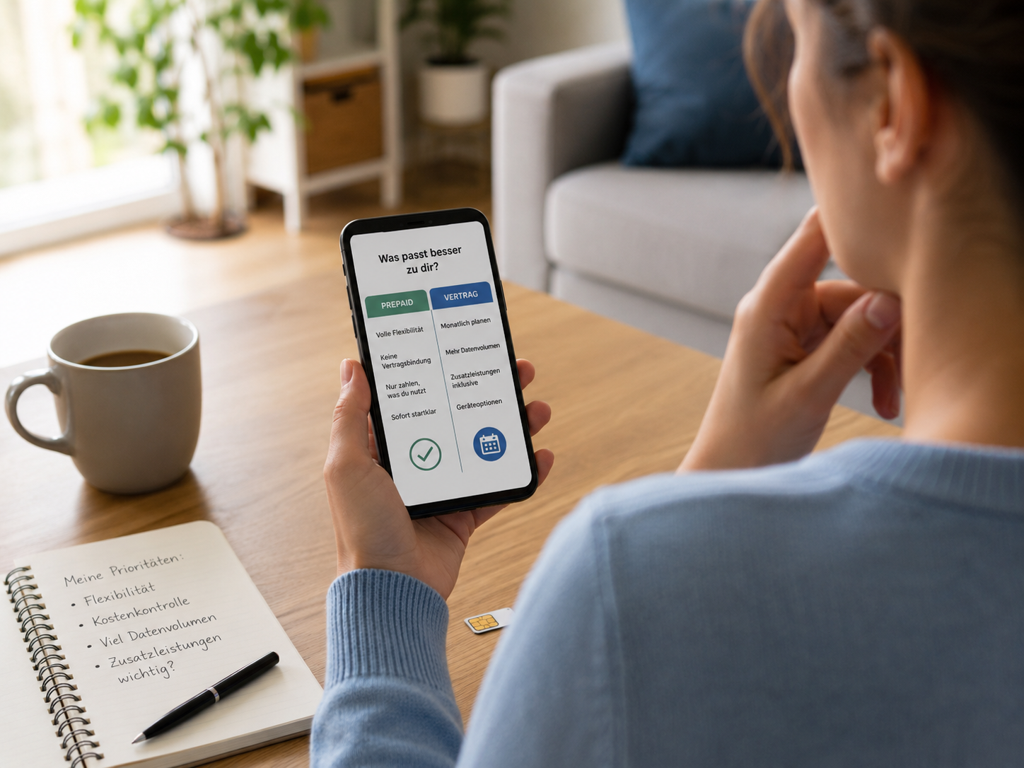 Person prüft Handyvertrag und Prepaid-Angebot am Smartphone