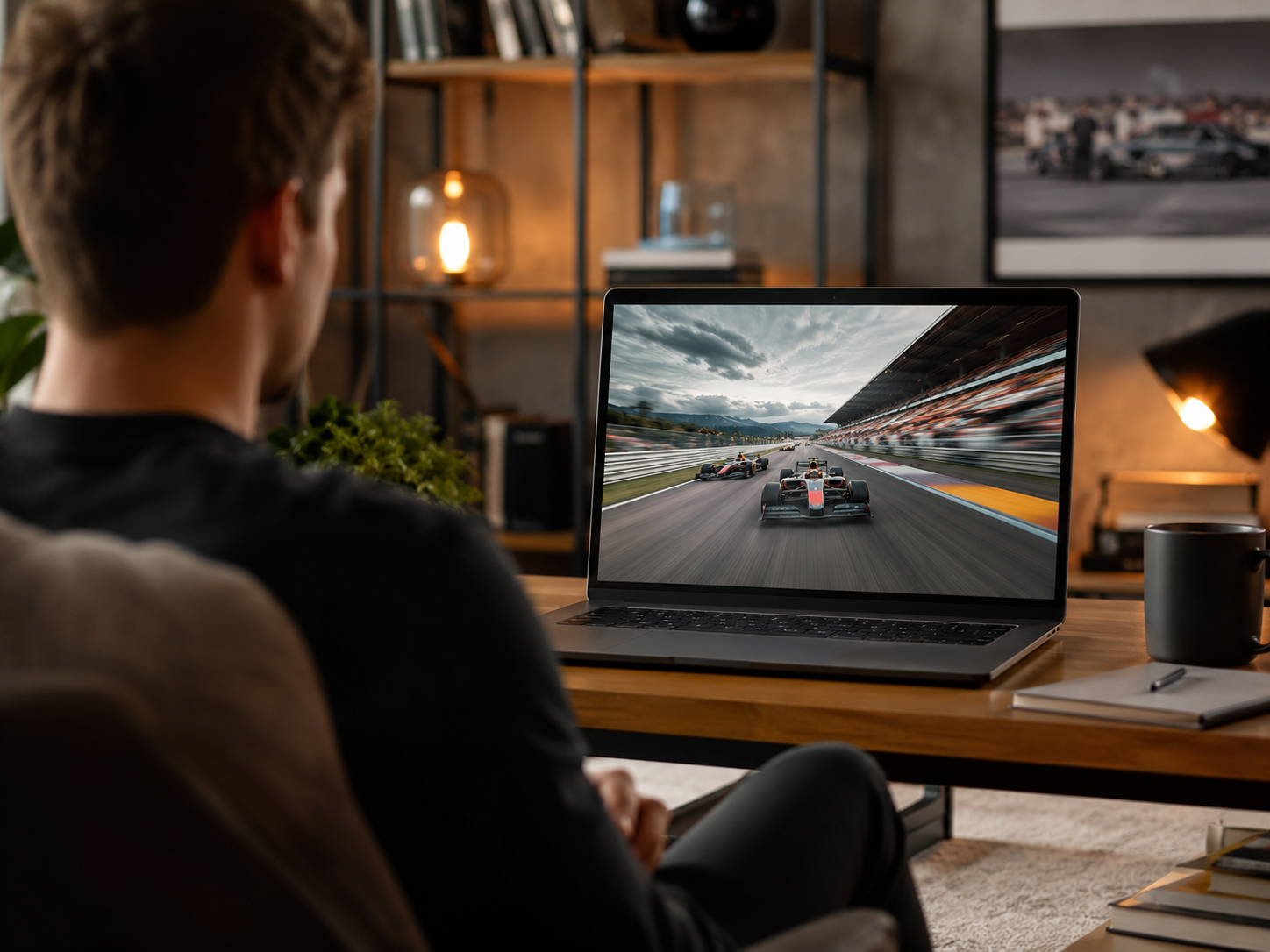 Person schaut Motorsport-Streaming auf Fernseher und Laptop