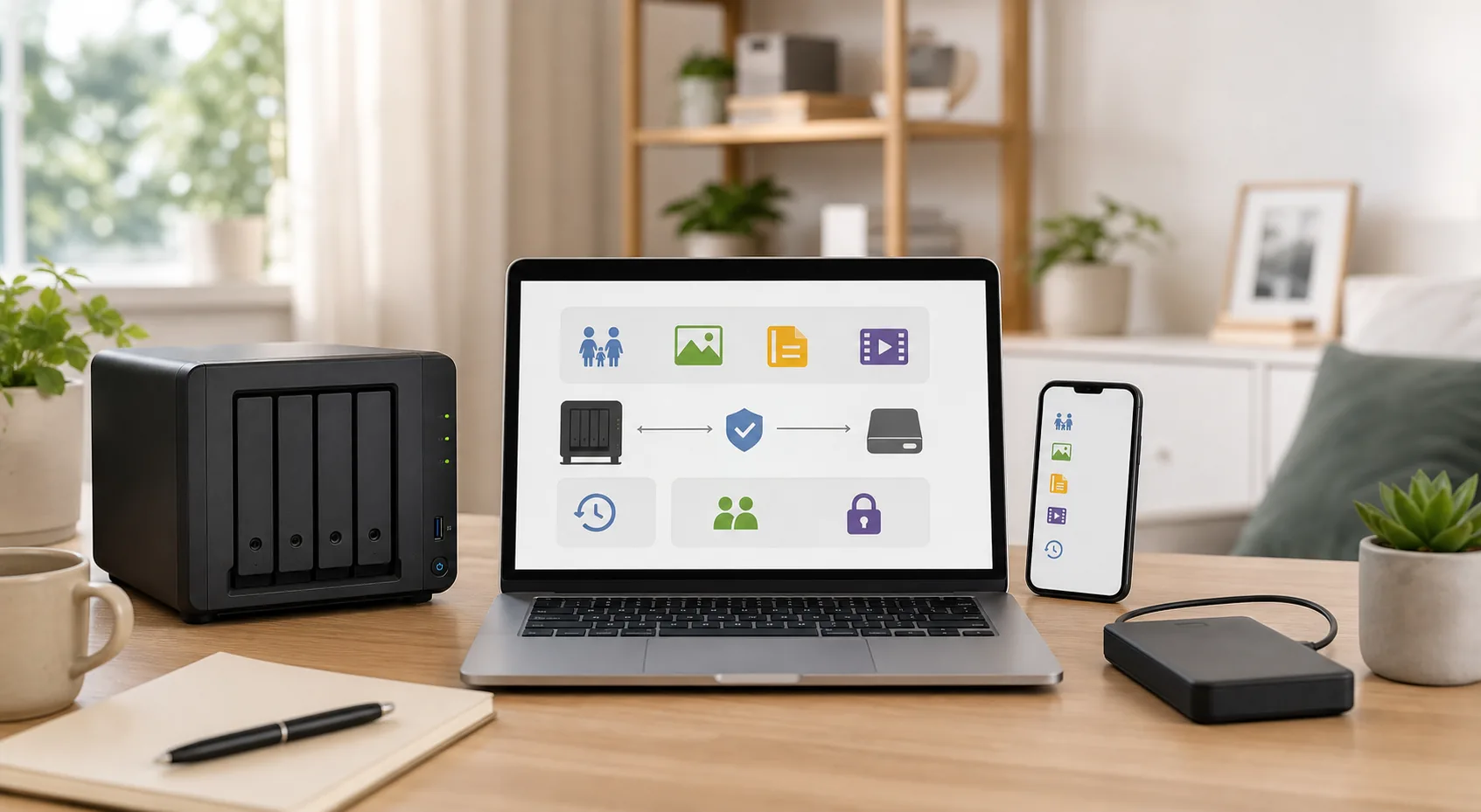 Familie verwaltet Fotos und Dokumente auf einem NAS mit zusätzlicher externer Datensicherung