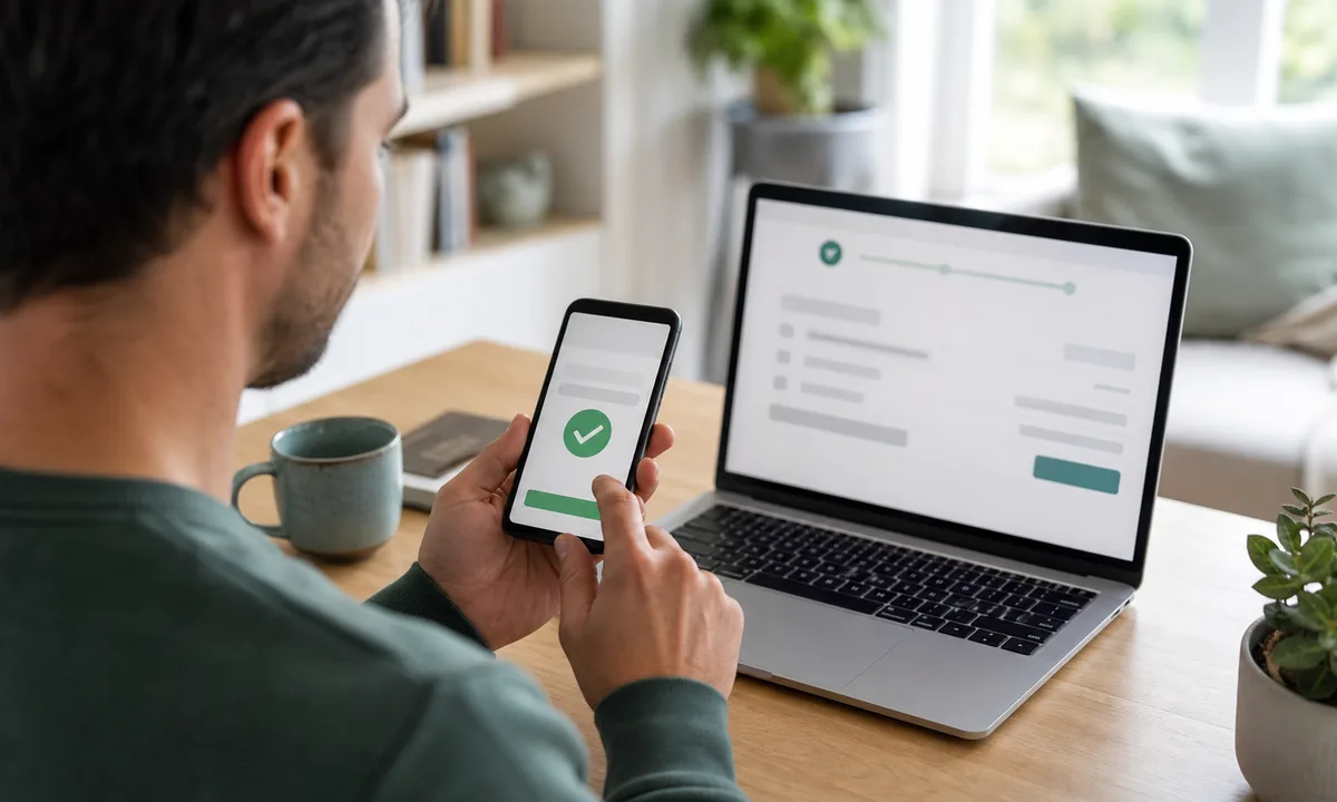 Person prüft Betrag und Empfänger einer Überweisung in einer Banking-App