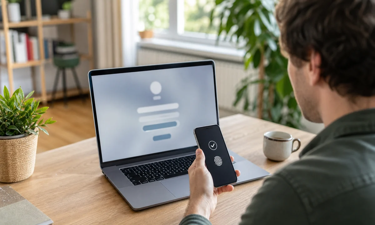 Person bestätigt eine Passkey-Anmeldung auf einem Smartphone für einen Laptop