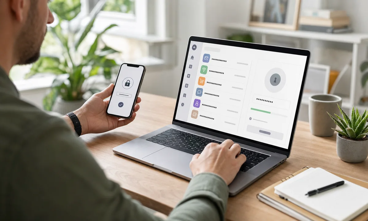 Person verwaltet sichere Passwörter mit einem Passwortmanager auf Laptop und Smartphone