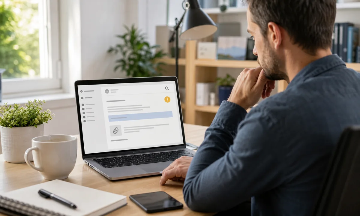 Person prüft Absender und Link einer verdächtigen E-Mail auf Laptop und Smartphone