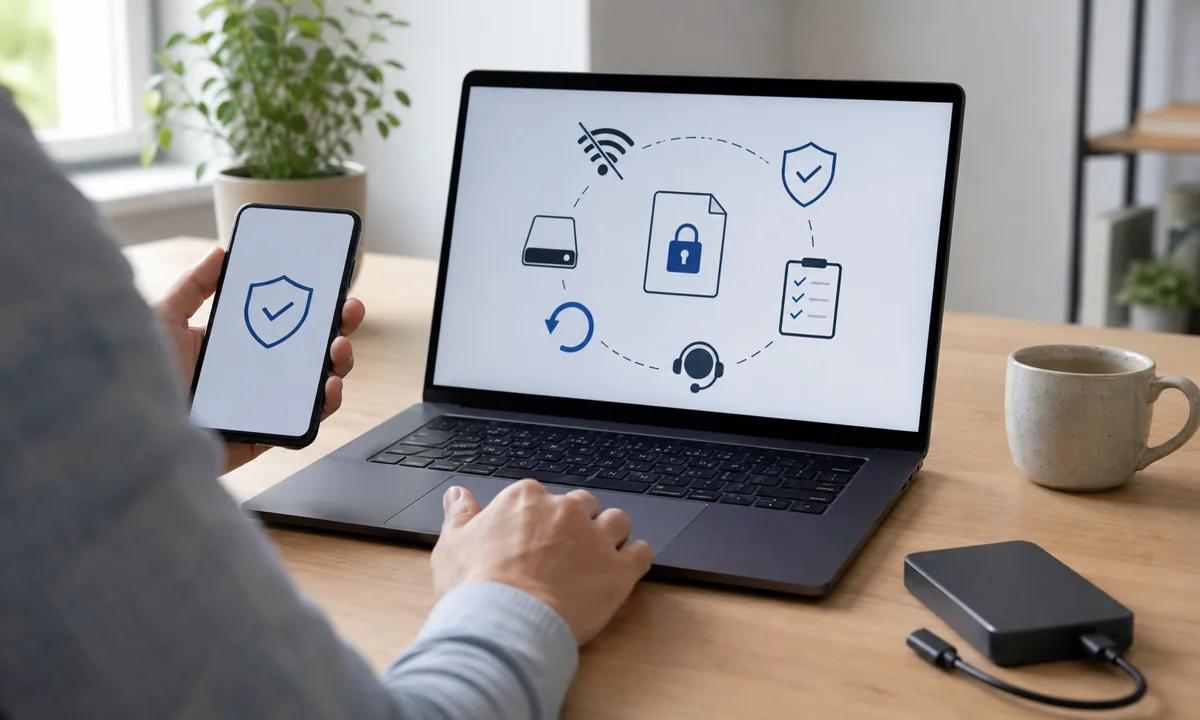 Person isoliert einen möglicherweise betroffenen Laptop und hält ein externes Backup getrennt