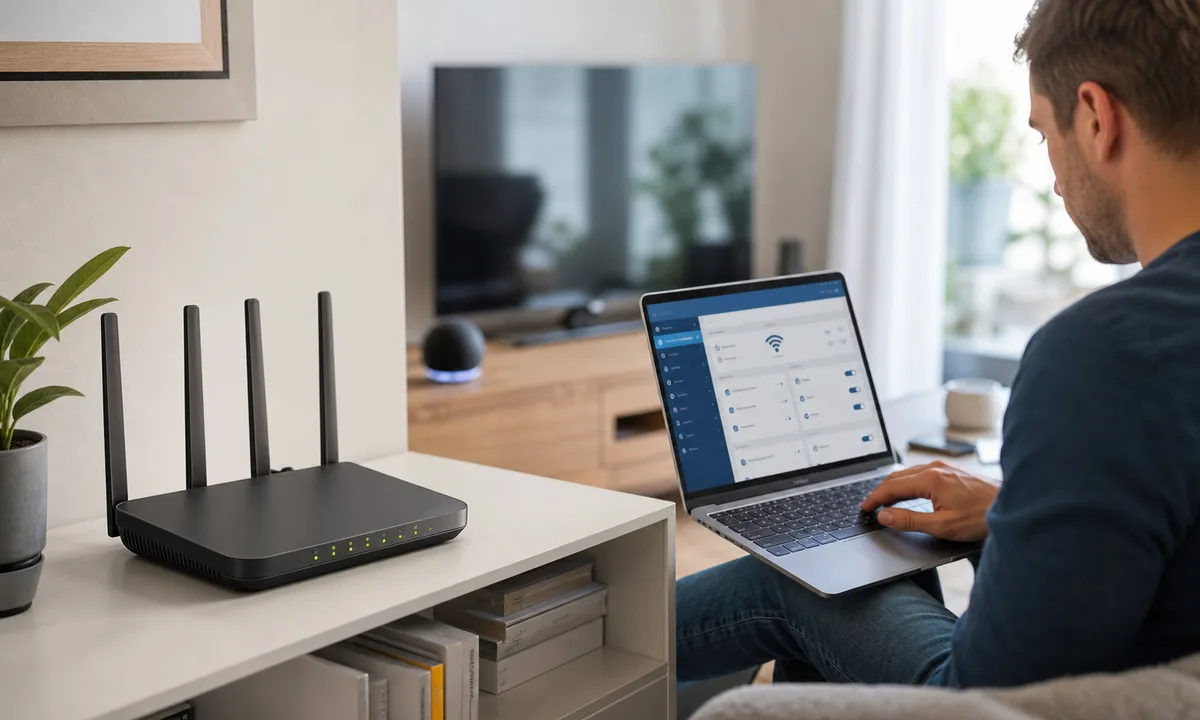 Person prüft Router, WLAN und Tarifunterlagen am Laptop