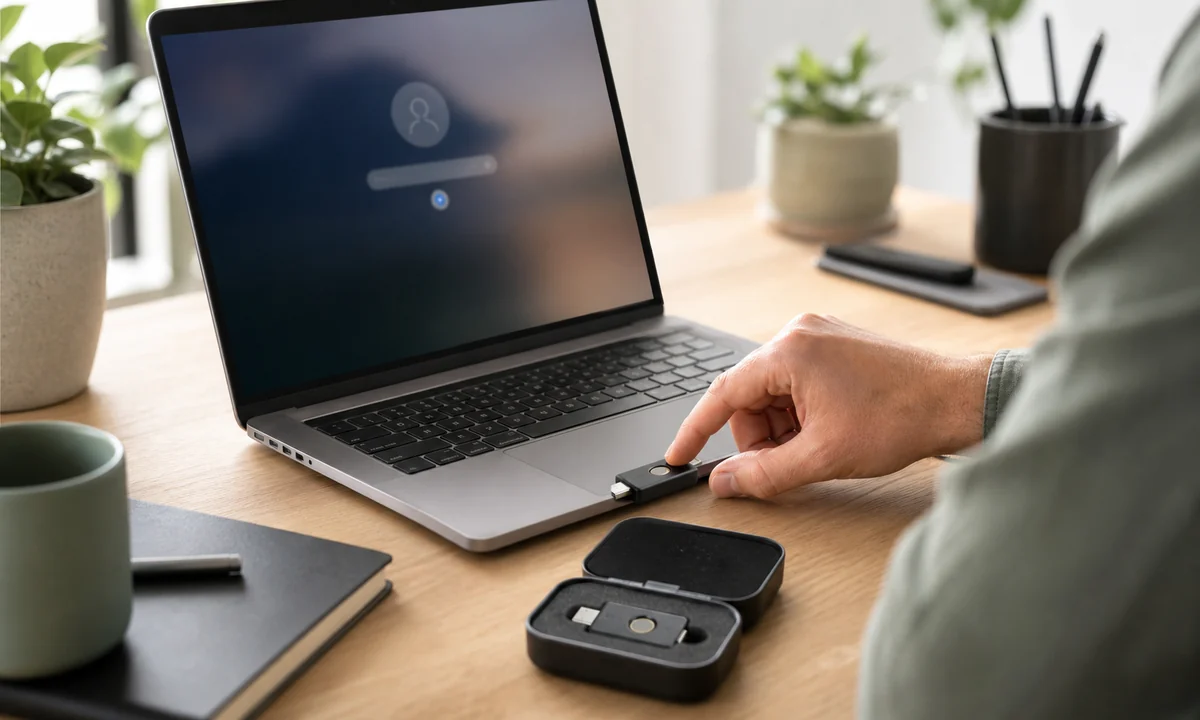 Person bestätigt eine Anmeldung mit einem Hardware-Sicherheitsschlüssel am Laptop