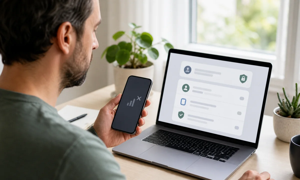Person prüft nach einem unerwarteten Netzausfall das Mobilfunkkundenkonto auf einem Laptop