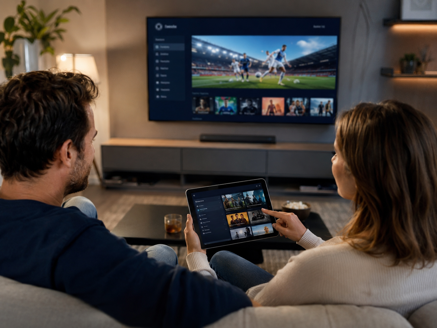 Personen prüfen Sky und WOW im Wohnzimmer auf Fernseher und Tablet