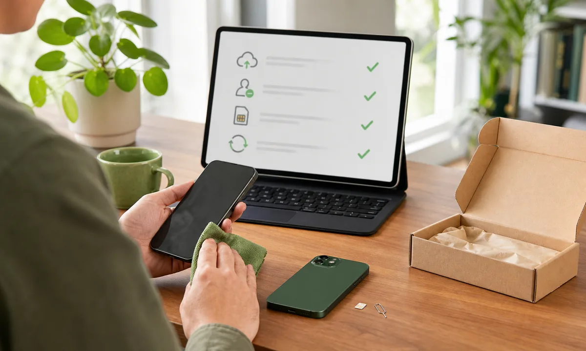 Person bereitet ein Smartphone mit Backup, Kontenabmeldung und SIM-Prüfung für den Verkauf vor