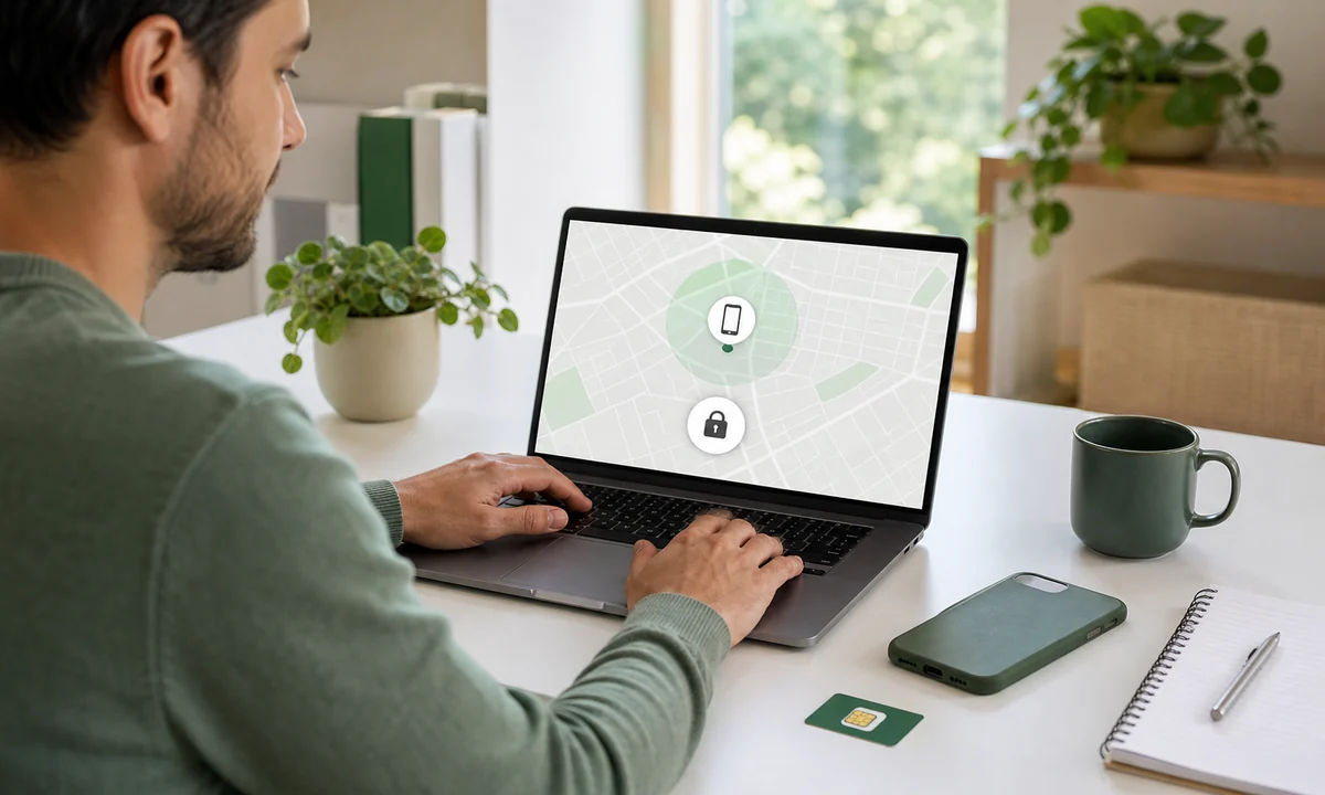 Person ortet und sperrt ein verlorenes Smartphone über einen Laptop