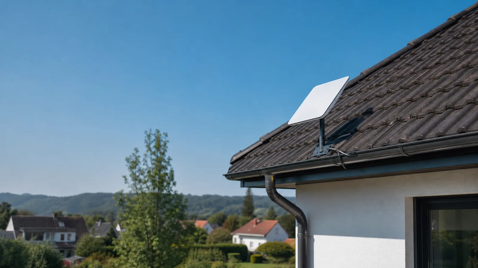 Satelliteninternet-Antenne an einem Wohnhaus mit freier Sicht zum Himmel