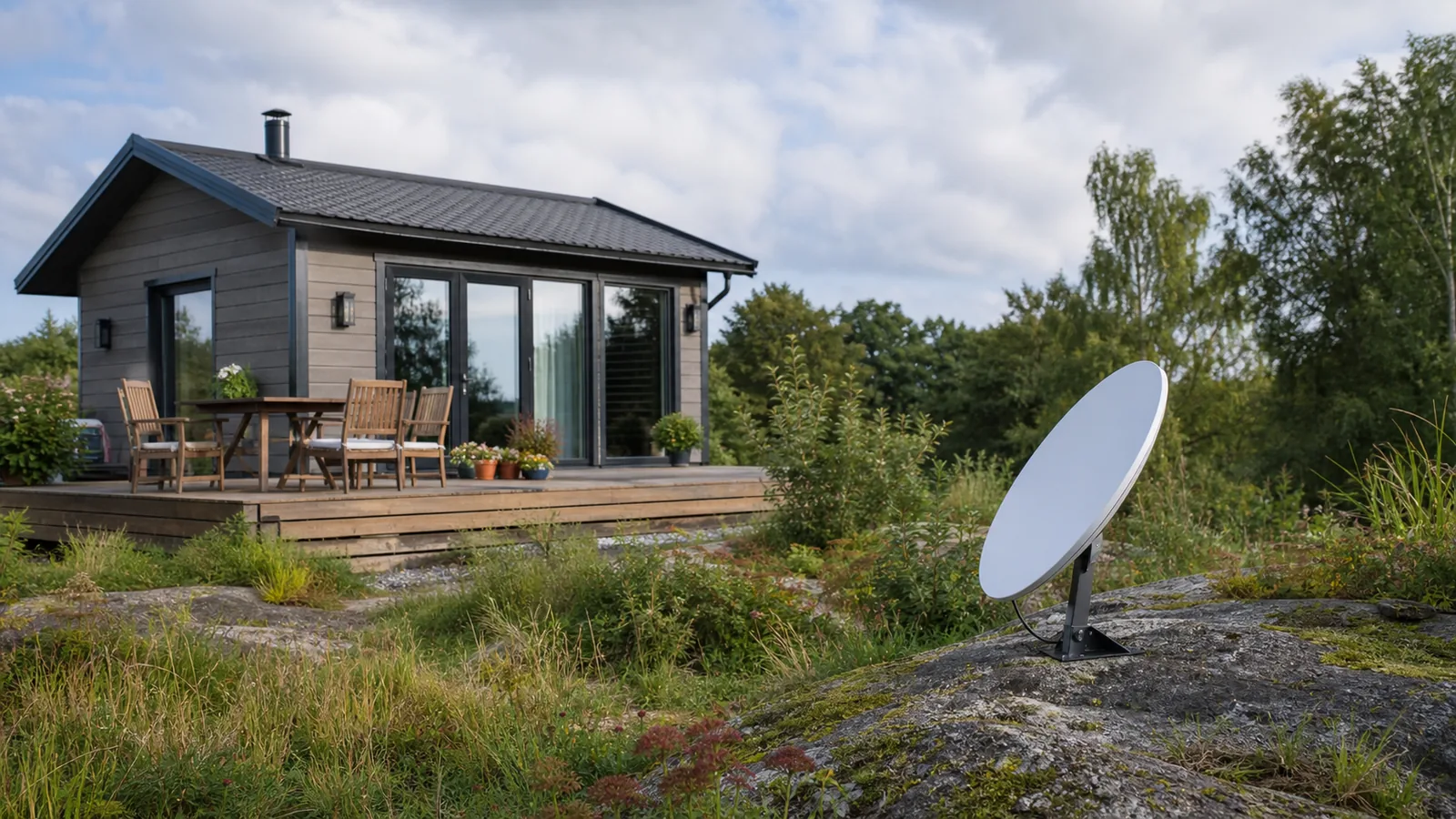 Ferienhaus mit Satelliteninternet-Antenne in ruhiger ländlicher Umgebung