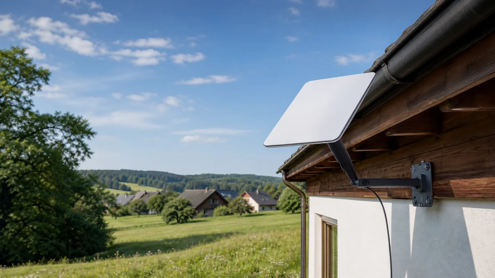 Haus auf dem Land mit Satelliteninternet-Antenne und weitem Himmel