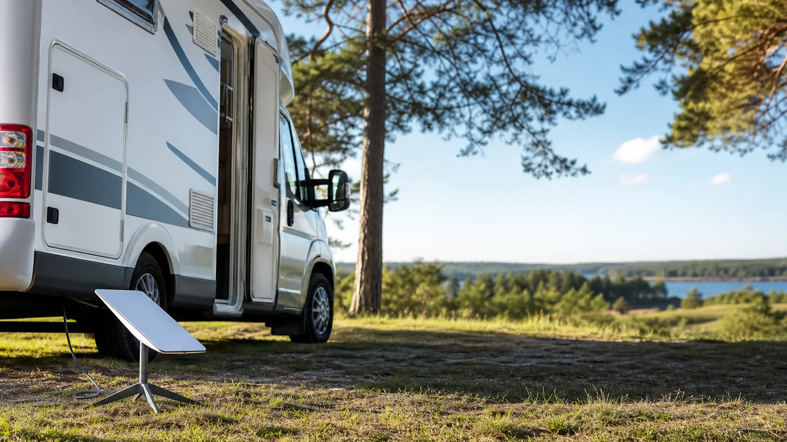 Wohnmobil am Campingplatz mit Satelliteninternet-Antenne im Freien