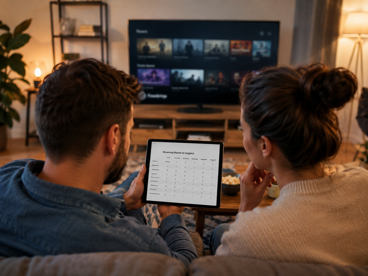 Personen prüfen Streaming-Abos und TV-Pakete im Wohnzimmer