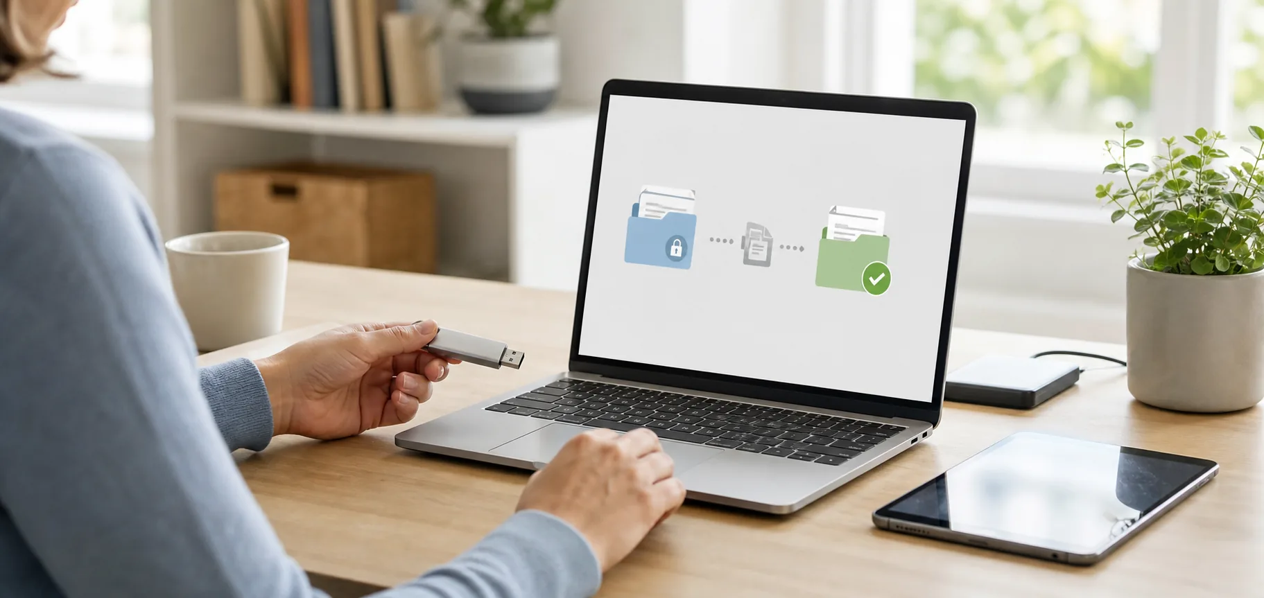 Person überträgt verschlüsselte Dateien auf einen USB-Stick und wirft den Datenträger anschließend sicher aus