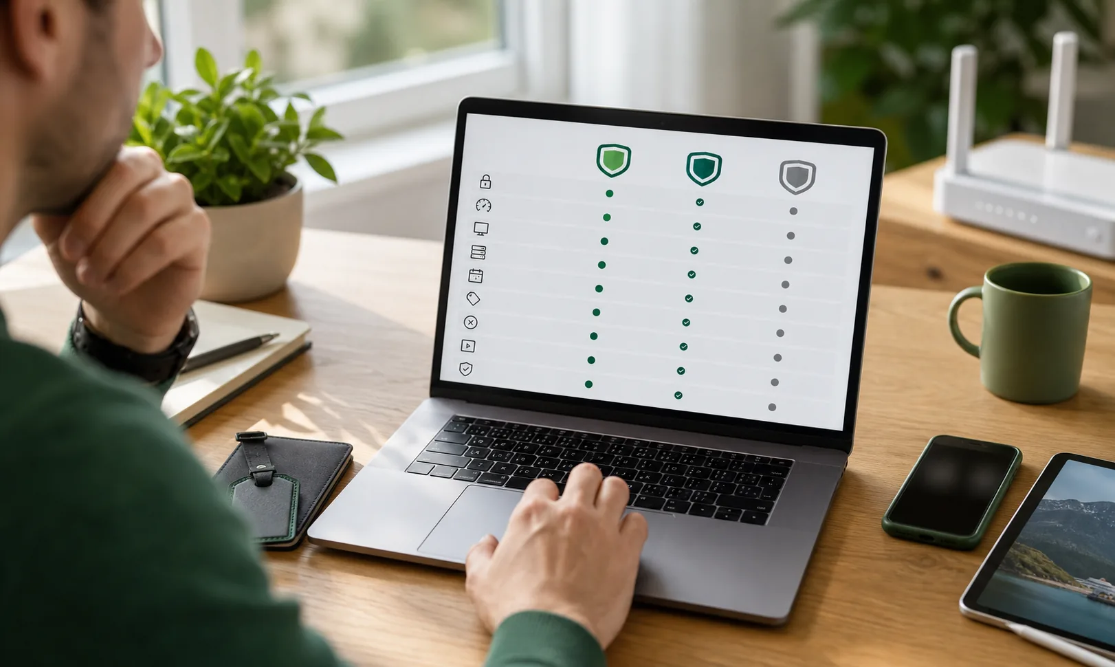Person vergleicht VPN-Anbieter nach Datenschutz, Geschwindigkeit, Geräteunterstützung und Kosten