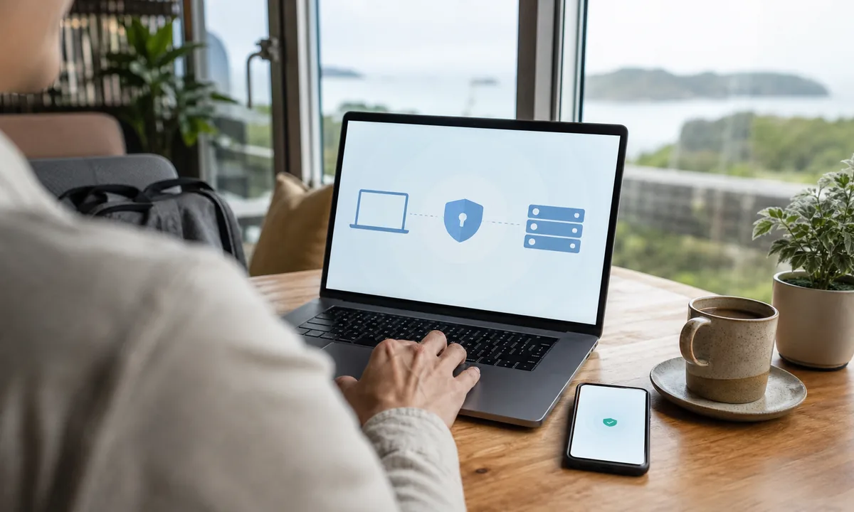 Person nutzt eine geschützte VPN-Verbindung auf Laptop und Smartphone