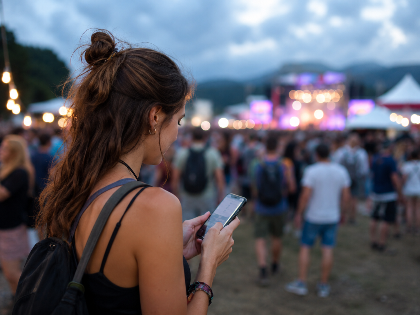 Person nutzt ihr Smartphone auf einem Festival und plant Internet für die Gruppe