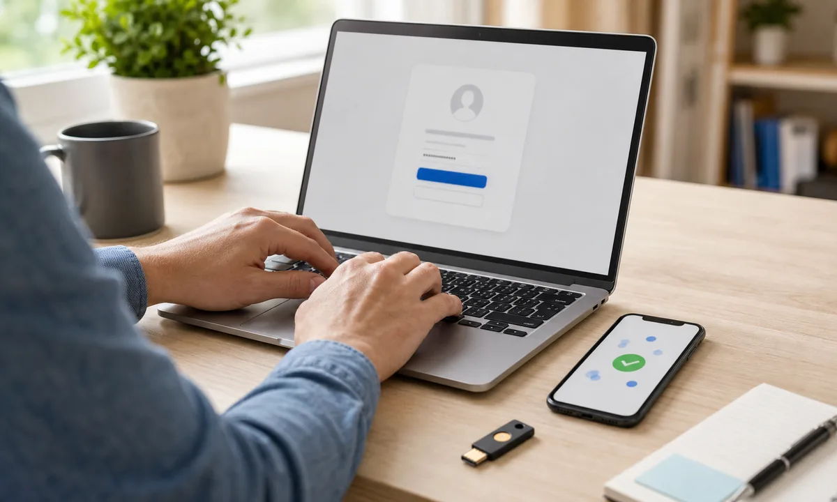 Person bestätigt eine sichere Anmeldung auf Laptop und Smartphone mit Zwei-Faktor-Authentifizierung